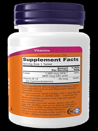 Now Folic Acid B12 Complex 800 mcg with Vitamin B-12 100 Tablets 