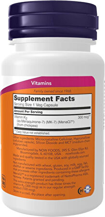 NOW Foods Vitamin K2 MK-7 300 mcg Extra Strength Supports Bone Health 60 Veg Caps