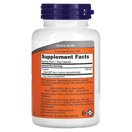 NOW Foods L-Lysine Lizin 500 mg 100 Veg Caps