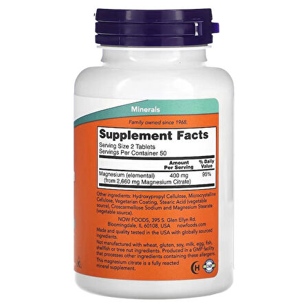 NOW Foods, Magnesium(Magnezyum) Citrate, 200 mg, 100 Tablets