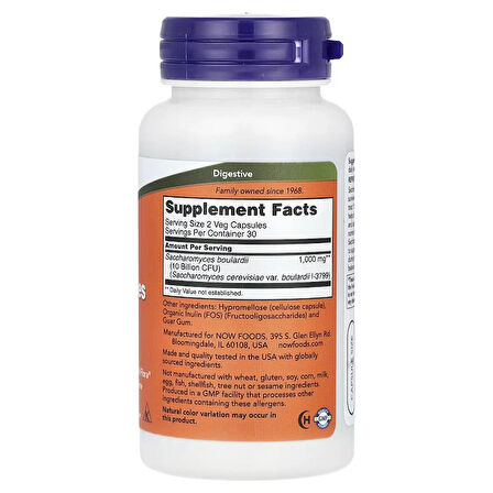 NOW Foods, Saccharomyces Boulardii, Probiotic(Probiyotik) 5 Billion CFU, 60 Vegetarian Caps