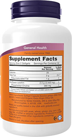 NOW Foods Sunflower Lecithin Phospholipids Choline Nervous System Support 1,200 mg, 100 Softgels