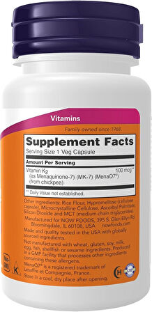 NOW Foods MK-7 Vitamin K-2 100 mcg Cardiovascular Support Supports Bone Health 60 Veg