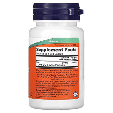 NOW Foods, Zinc(Çinko) Picolinate, 50 mg, 60 Veg Caps