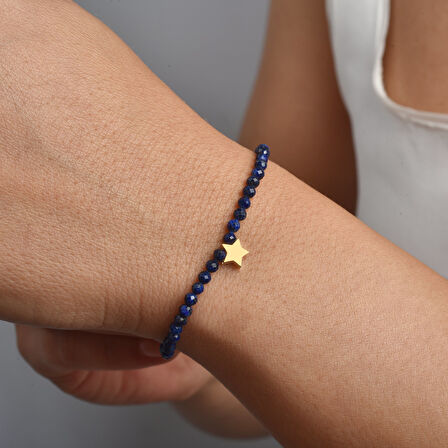 14 Ayar Altın Kaplama  Lapis Lazuli Doğal Taşlı Yıldız Gümüş Bileklik - BGS00107