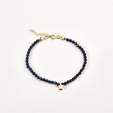 14 Ayar Altın Kaplama  Lapis Lazuli Doğal Taşlı Yıldız Gümüş Bileklik - BGS00107