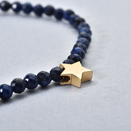 14 Ayar Altın Kaplama  Lapis Lazuli Doğal Taşlı Yıldız Gümüş Bileklik - BGS00107