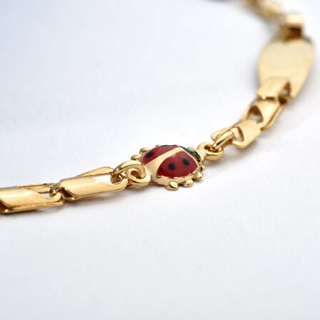 14 Ayar Altın Kaplama Kişiselleştirilmiş Uğur Böceği ve Göz Nazar Boncuklu Çocuk Bilekliği - BPC00101