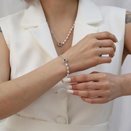 925 Ayar Gümüş Barock White Tatlısu İncisi Bileklik-5mm