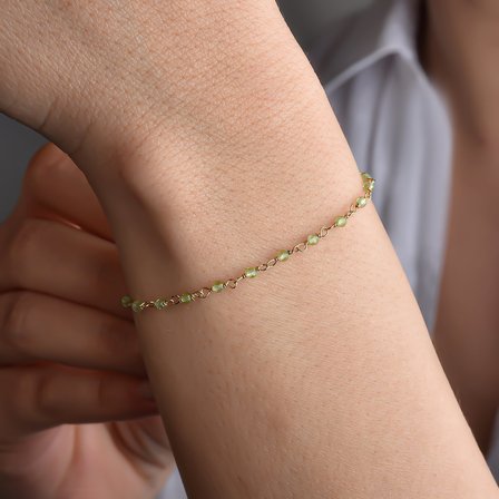 14 Ayar Altın Kaplama Peridot Doğal Taşlı El Yapımı Gümüş Bileklik - CBS00123