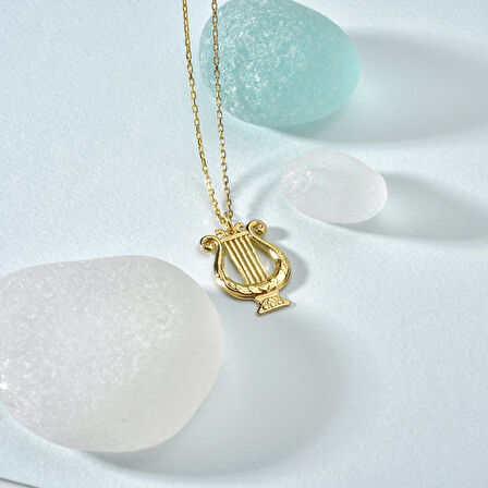 14 Ayar Altın Kaplama Lir Müzik Aleti Tasarım Gümüş Kolye - CN00442