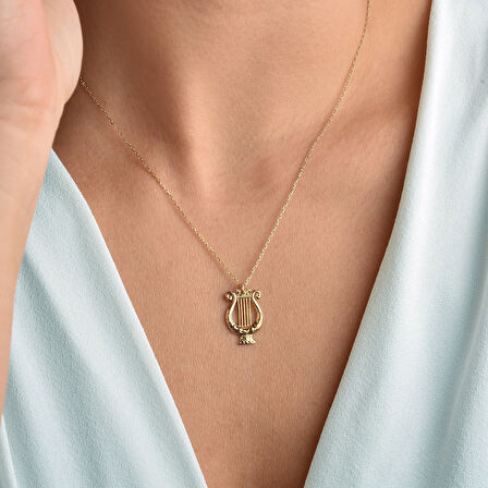 14 Ayar Altın Kaplama Lir Müzik Aleti Tasarım Gümüş Kolye - CN00442