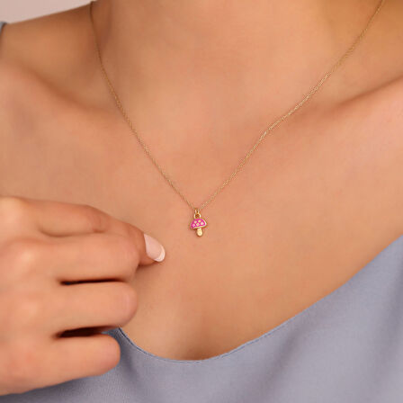 925 Ayar Minimal Pembe Renkli Mineli Mantar Gümüş Kolye - CNE00130