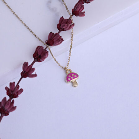 925 Ayar Minimal Pembe Renkli Mineli Mantar Gümüş Kolye - CNE00130