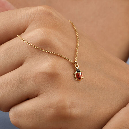 14 Ayar Altın Kaplama Minimal Uğur Böceği  Gümüş Kolye - CNE00134