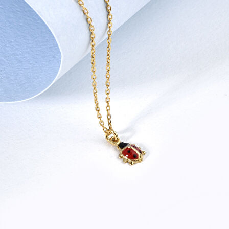 14 Ayar Altın Kaplama Minimal Uğur Böceği  Gümüş Kolye - CNE00134