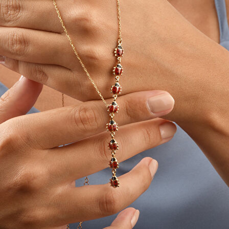 14 Ayar Altın Kaplama Zarif Uğur Böceği Kravat Y Gümüş Kolye - CNE00135