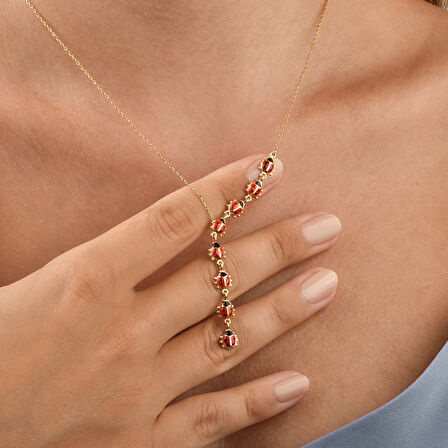 14 Ayar Altın Kaplama Zarif Uğur Böceği Kravat Y Gümüş Kolye - CNE00135