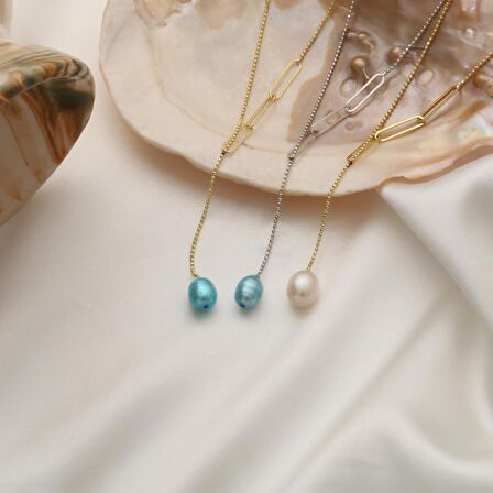 925 Ayar Gümüş Barock Ocean Blue Tatlısu İncisi Kolye-8mm