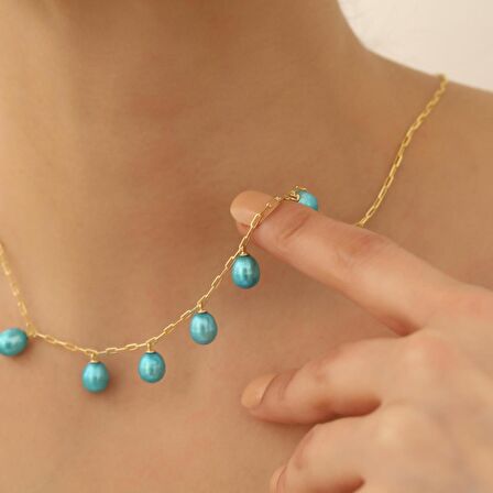 925 Ayar Gümüş Barock Ocean Blue Tatlısu İncisi Kolye-8mm