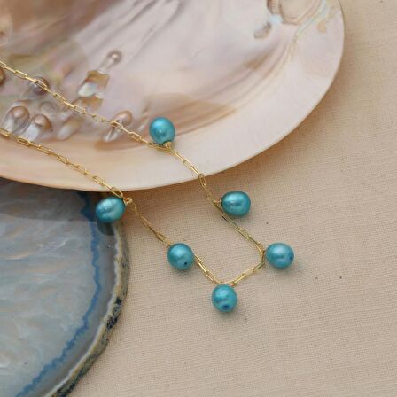 925 Ayar Gümüş Barock Ocean Blue Tatlısu İncisi Kolye-8mm