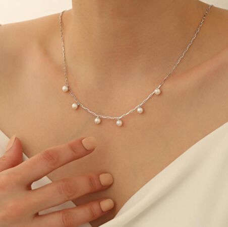 925 Ayar Gümüş Sallantılı White Tatlısu İncisi Kolye-6mm