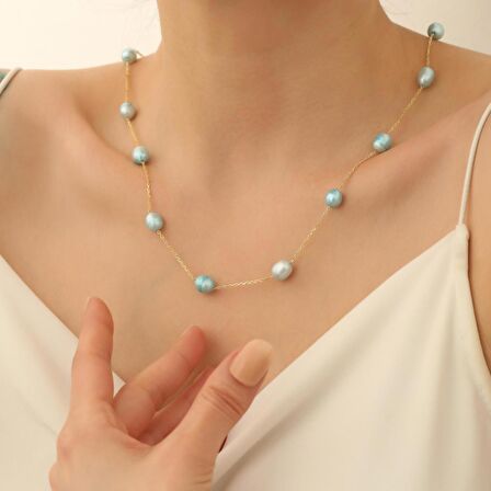 925 Ayar Gümüş Barock Fresh Blue Tatlısu İncisi Kolye-8mm