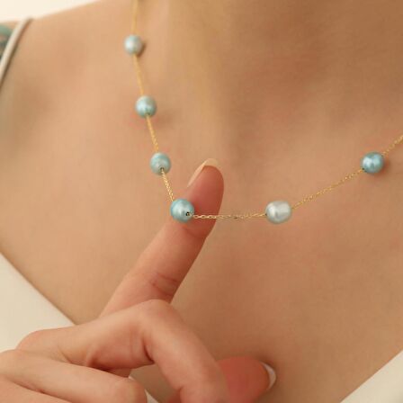 925 Ayar Gümüş Barock Fresh Blue Tatlısu İncisi Kolye-8mm
