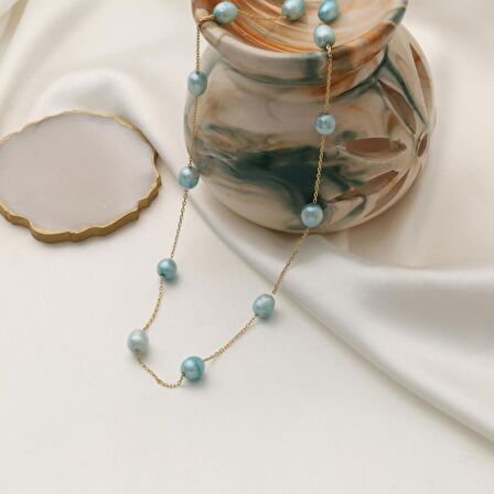 925 Ayar Gümüş Barock Fresh Blue Tatlısu İncisi Kolye-8mm