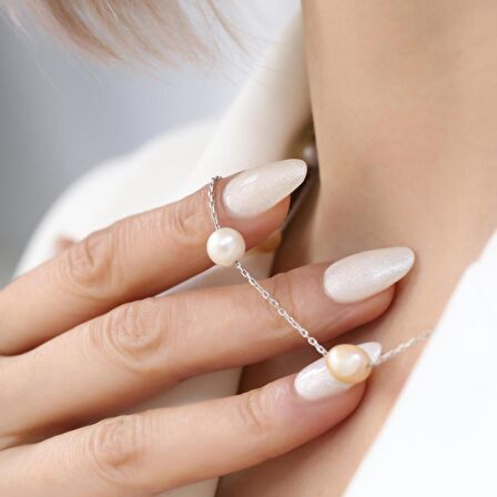 925 Ayar Gümüş Barock Creamrose & White Tatlısu İncisi Kolye-8mm