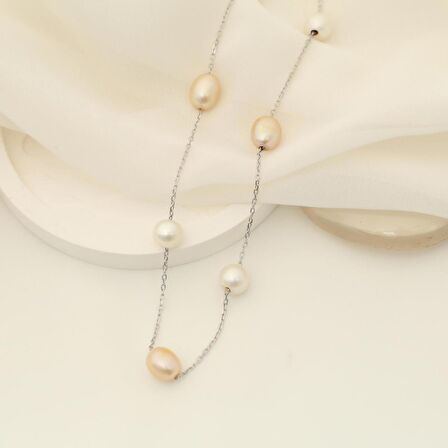 925 Ayar Gümüş Barock Creamrose & White Tatlısu İncisi Kolye-8mm