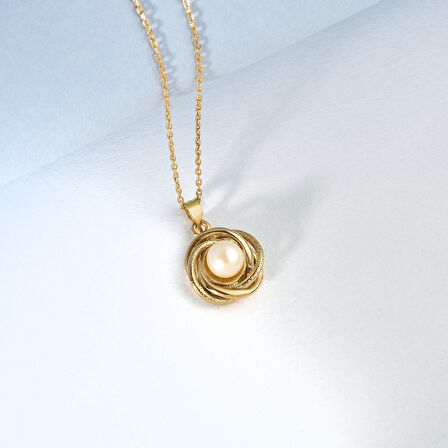 14 Ayar Mikron Kaplama Doğal ve Gerçek İnci Detaylı Çift Döngü Gümüş Kolye - CNP00155