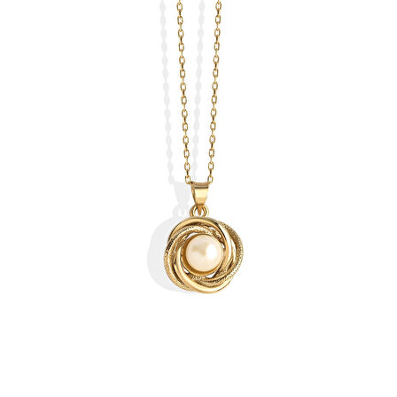 14 Ayar Mikron Kaplama Doğal ve Gerçek İnci Detaylı Çift Döngü Gümüş Kolye - CNP00155