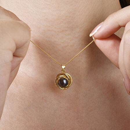 14 Ayar Mikron Kaplama Doğal ve Gerçek Siyah İnci Detaylı Çift Döngü Gümüş Kolye - CNP00156