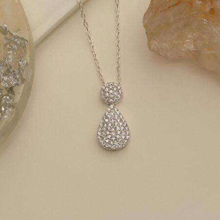 925 Ayar Gümüş Işıltılı Beyaz Taşlı Drop Kolye