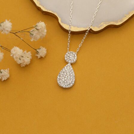 925 Ayar Gümüş Işıltılı Beyaz Taşlı Drop Kolye