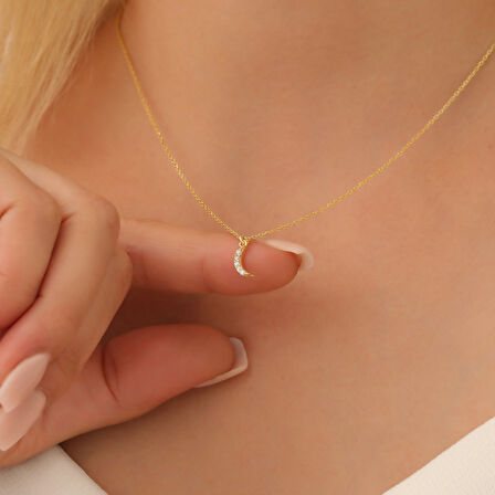 925 Ayar Gümüş Taşlı Minimal Hilal Temalı Kolye