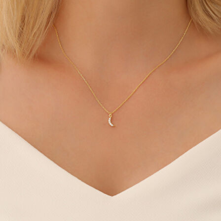 925 Ayar Gümüş Taşlı Minimal Hilal Temalı Kolye