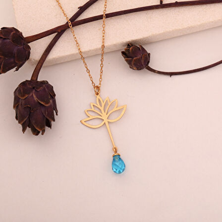 925 Ayar Altın Mikron Kaplama Drop Taşlı Lotus Çiçeği Gümüş Kolye - CNS00592