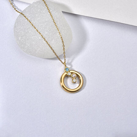 14 Ayar Altın Kaplama Renkli Taşlı Çember Gümüş Kolye - CNS00616