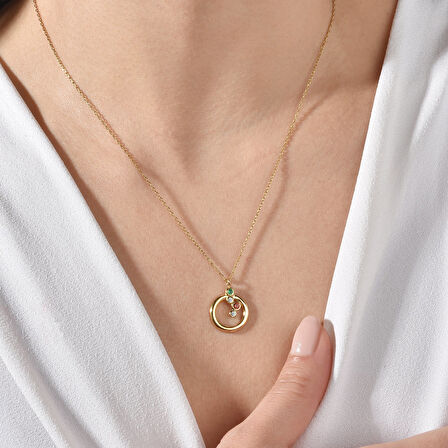 14 Ayar Altın Kaplama Renkli Taşlı Çember Gümüş Kolye - CNS00616