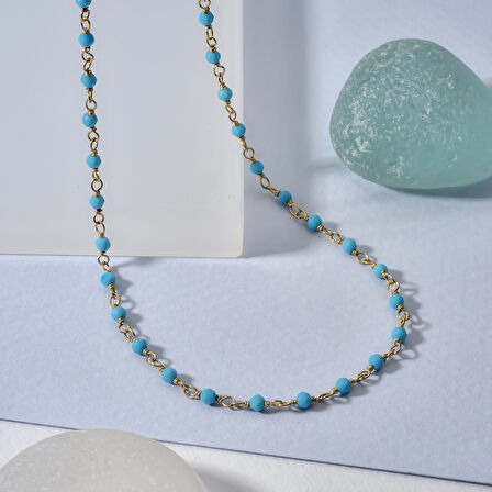 14 Ayar Altın Kaplama Turkuaz Renkli Doğal Taş  El Yapımı Gümüş Kolye - CNS00627