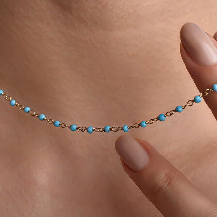 14 Ayar Altın Kaplama Turkuaz Renkli Doğal Taş  El Yapımı Gümüş Kolye - CNS00627