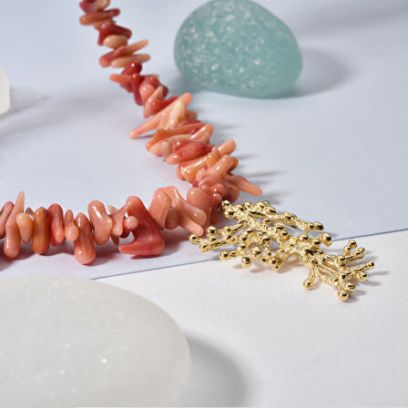 14 Ayar Altın Kaplama Doğal Düzensiz Dal  Mercan  El Yapımı Gümüş Kolye - CNS00631