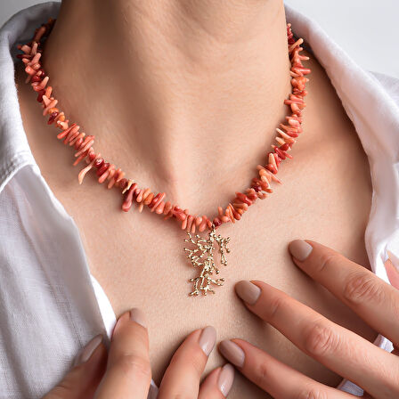 14 Ayar Altın Kaplama Doğal Düzensiz Dal  Mercan  El Yapımı Gümüş Kolye - CNS00631