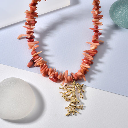 14 Ayar Altın Kaplama Doğal Düzensiz Dal  Mercan  El Yapımı Gümüş Kolye - CNS00631