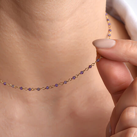 14 Ayar Altın Kaplama Amethyst  Doğal Taşlı  El Yapımı Gümüş Kolye - CNS00633