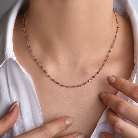 14 Ayar Altın Kaplama Amethyst  Doğal Taşlı  El Yapımı Gümüş Kolye - CNS00633