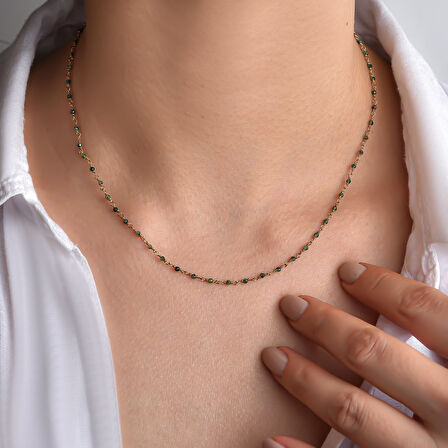 14 Ayar Altın Kaplama Zümrüt  Doğal Taşlı  El Yapımı Gümüş Kolye - CNS00634