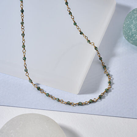 14 Ayar Altın Kaplama Zümrüt  Doğal Taşlı  El Yapımı Gümüş Kolye - CNS00634